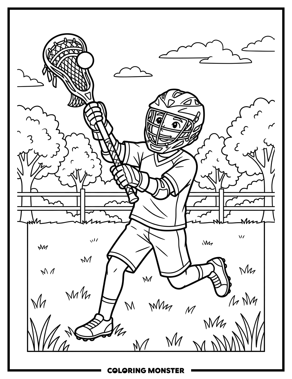 Young Lacrosse Player in Action Coloring Page