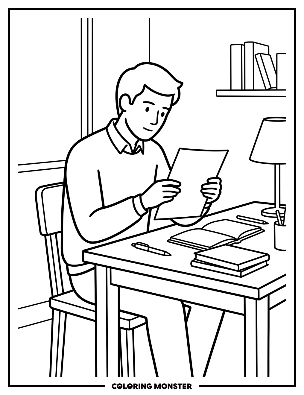 Young Man Studying at Desk Coloring Page