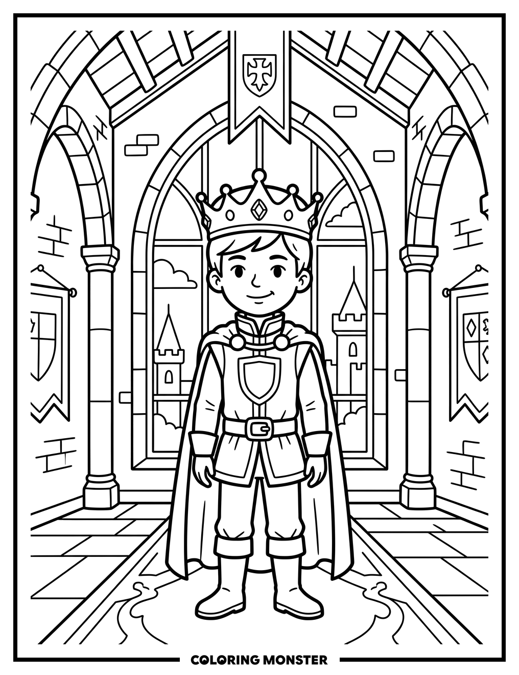 Young Prince in Castle Hall Coloring Page