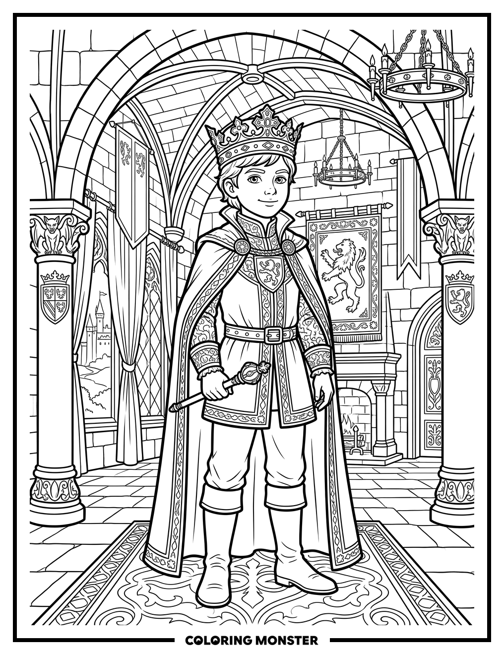 Young Prince in Castle Hall Coloring Page