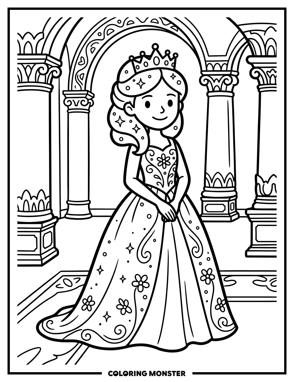 Young Princess in Grand Ballroom Coloring Page