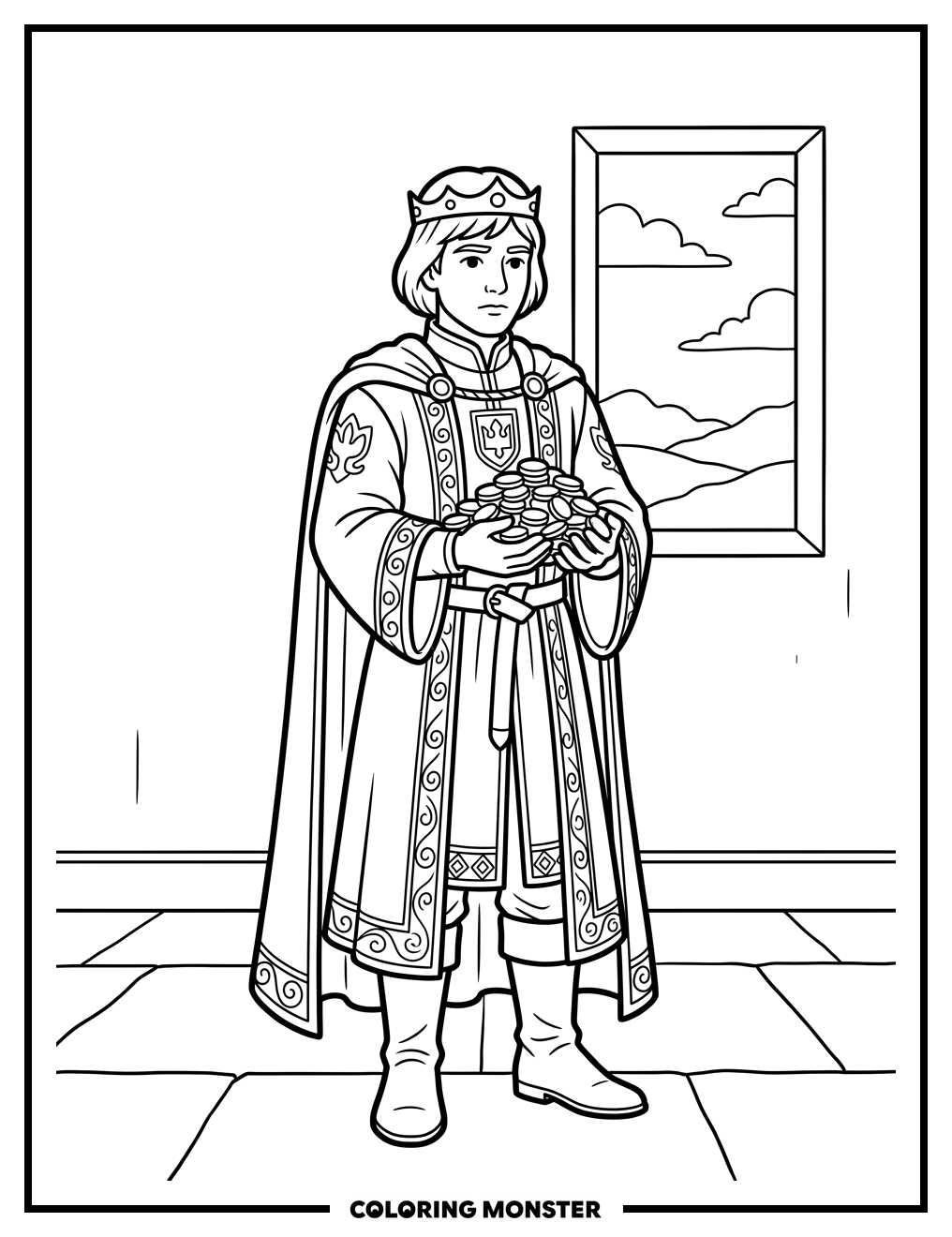 Young Ruler With Gold Coins Coloring Page