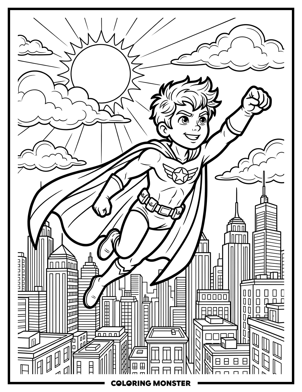 Young Superhero Flying Over City Coloring Page