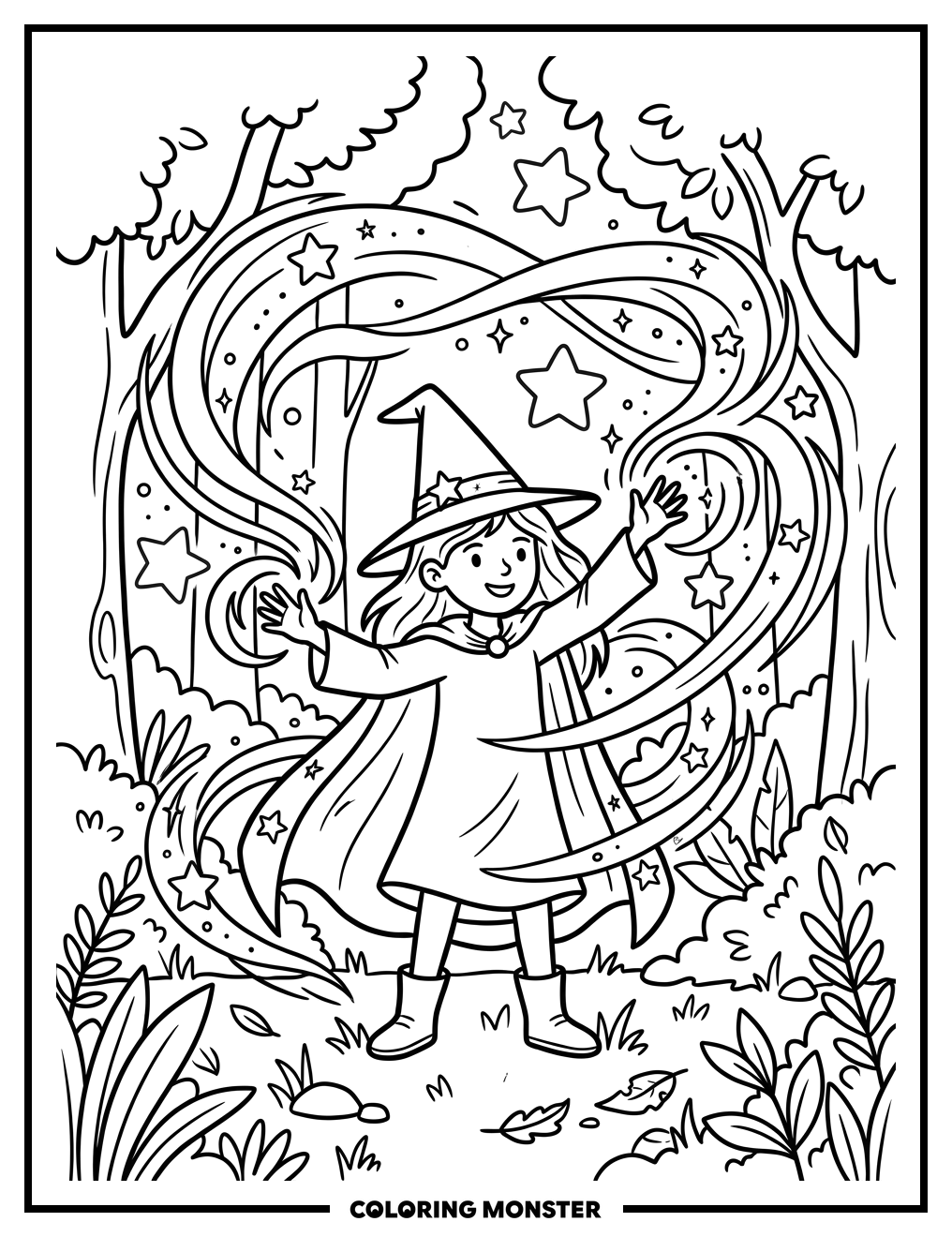 Young Witch Casting a Spell Coloring Page