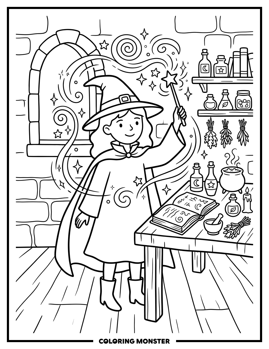 Young Witch Casting a Spell Coloring Page