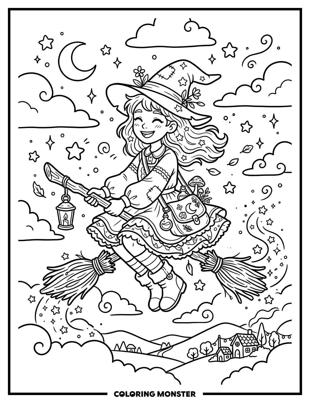 Young Witch Flying On Broomstick Coloring Page