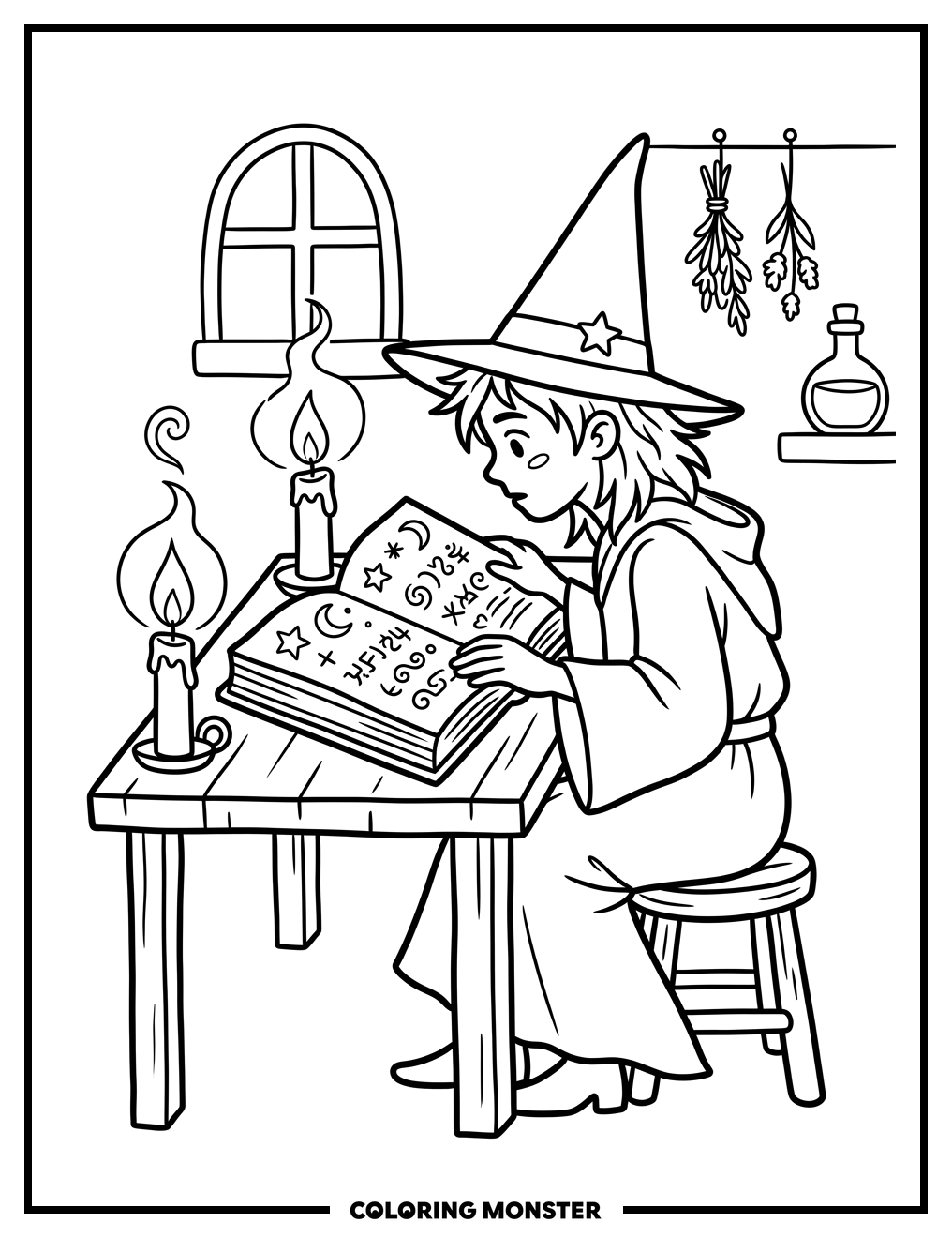 Young Witch Reading Spellbook Coloring Page