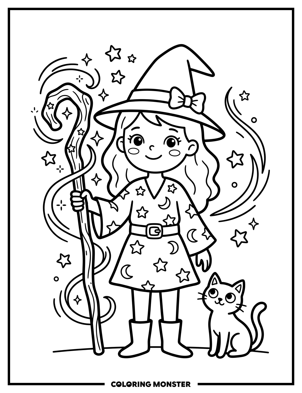 Young Witch With Cat And Staff Coloring Page