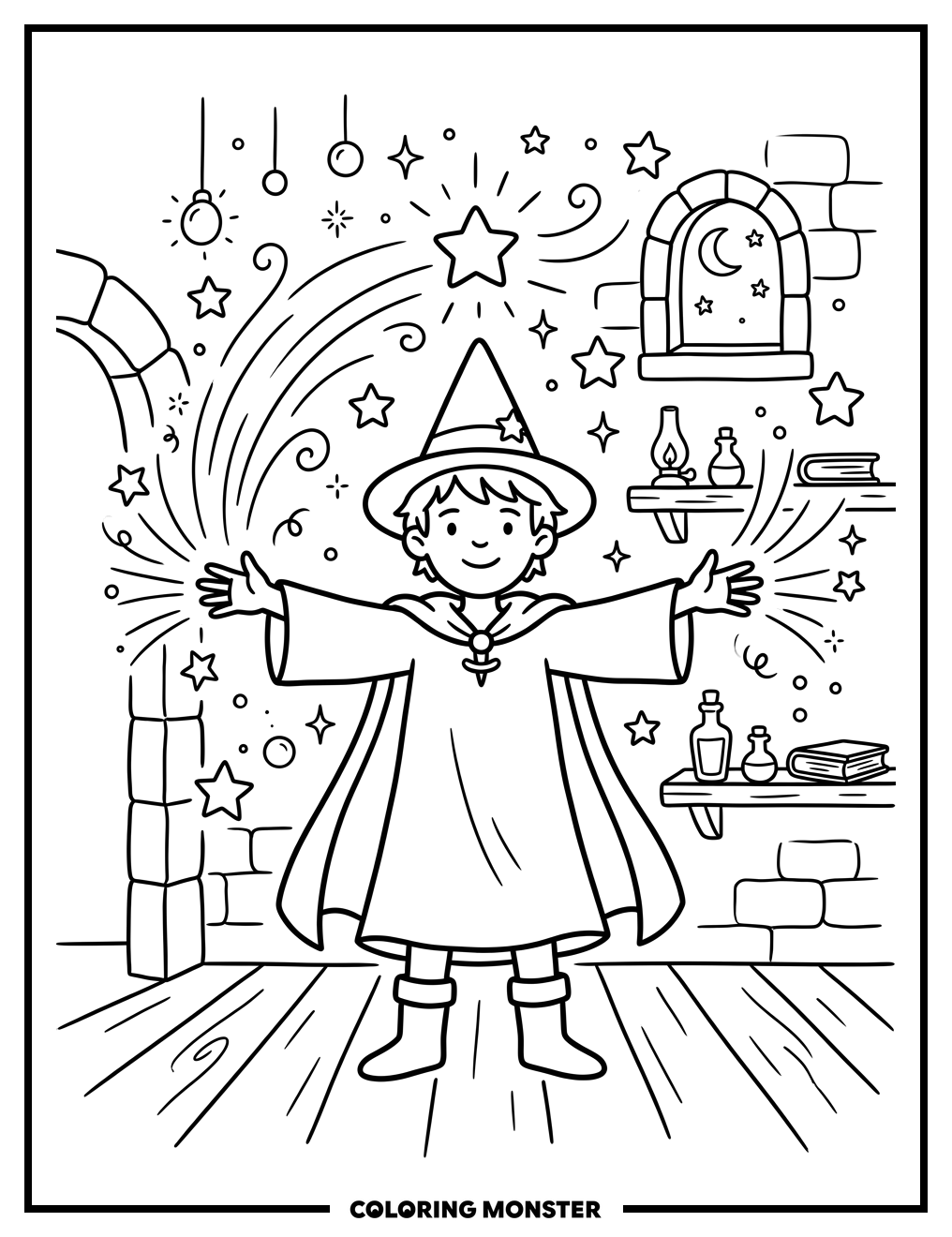 Young Wizard Casting a Spell Coloring Page