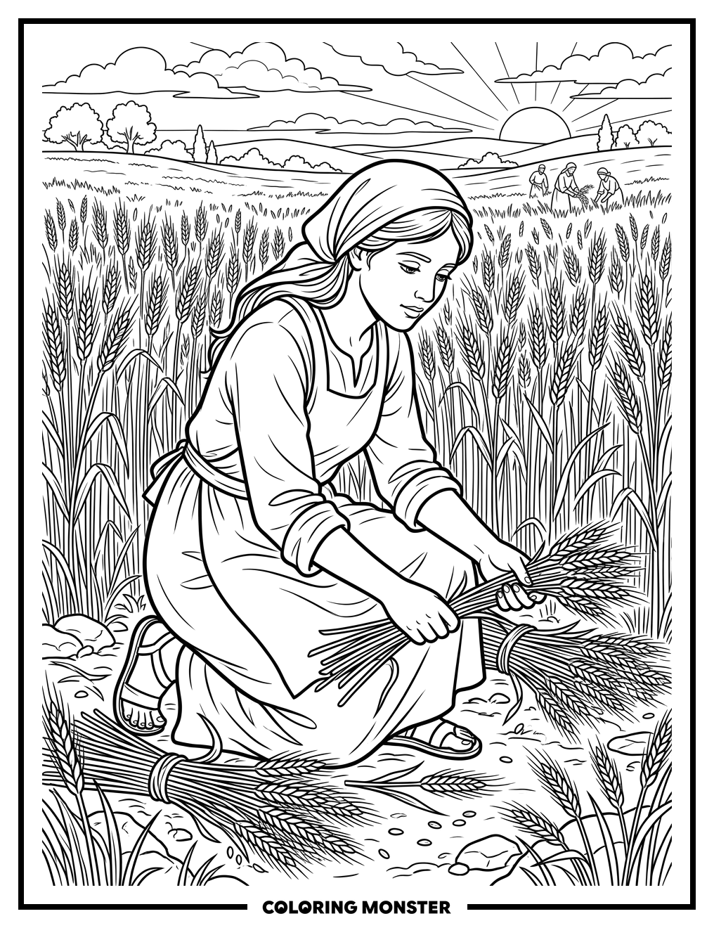 Young Woman in Wheat Field Coloring Page