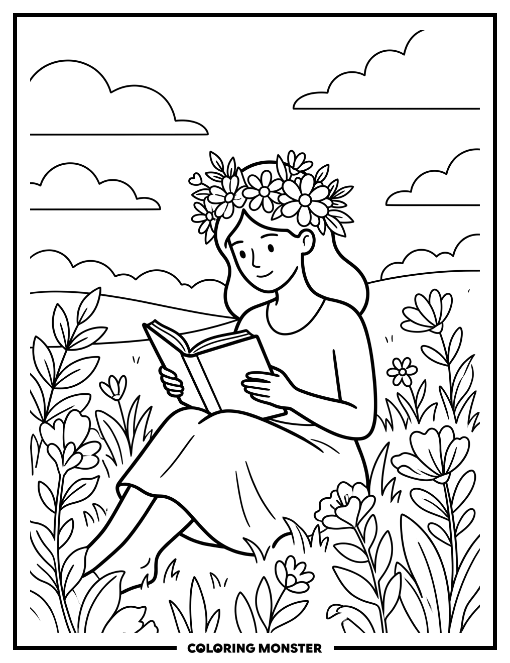 Young Woman Reading in a Wildflower Meadow Coloring Page