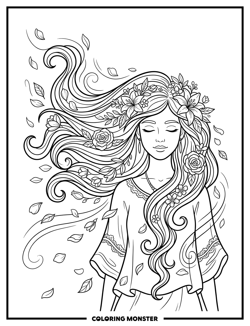 Young Woman With Flowers In Hair Coloring Page