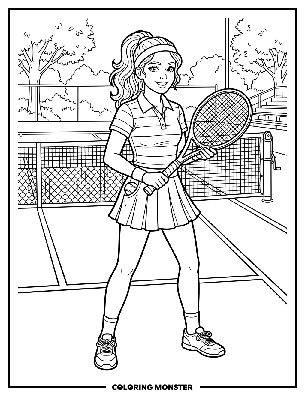 Young Woman With Tennis Racket Coloring Page
