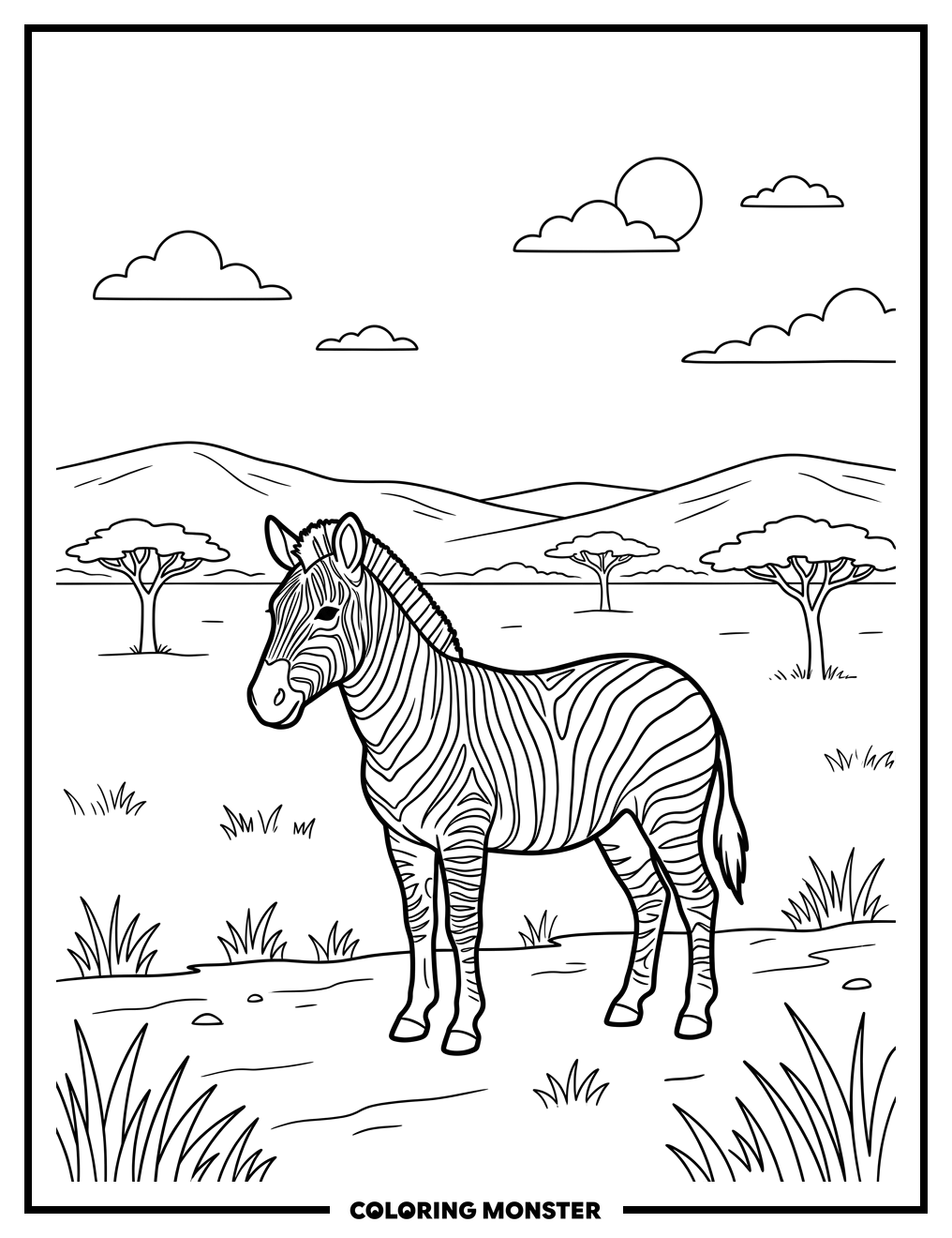 Zebra on the Savanna Coloring Page