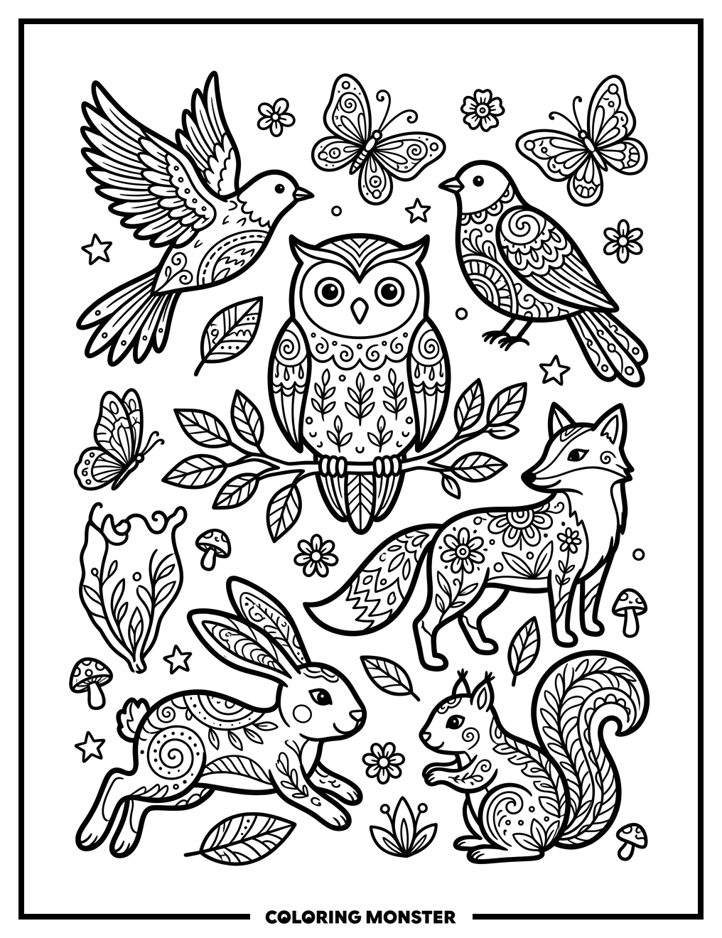 Zentangle Animals and Butterflies Coloring Page • Coloring Monster