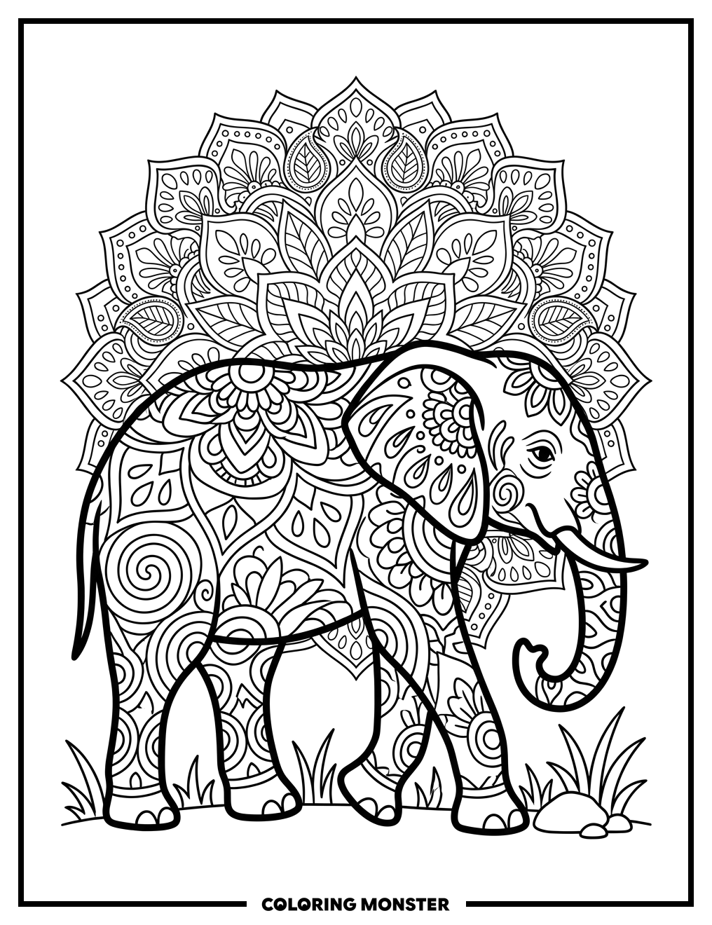 Zentangle Elephant With Mandala Coloring Page