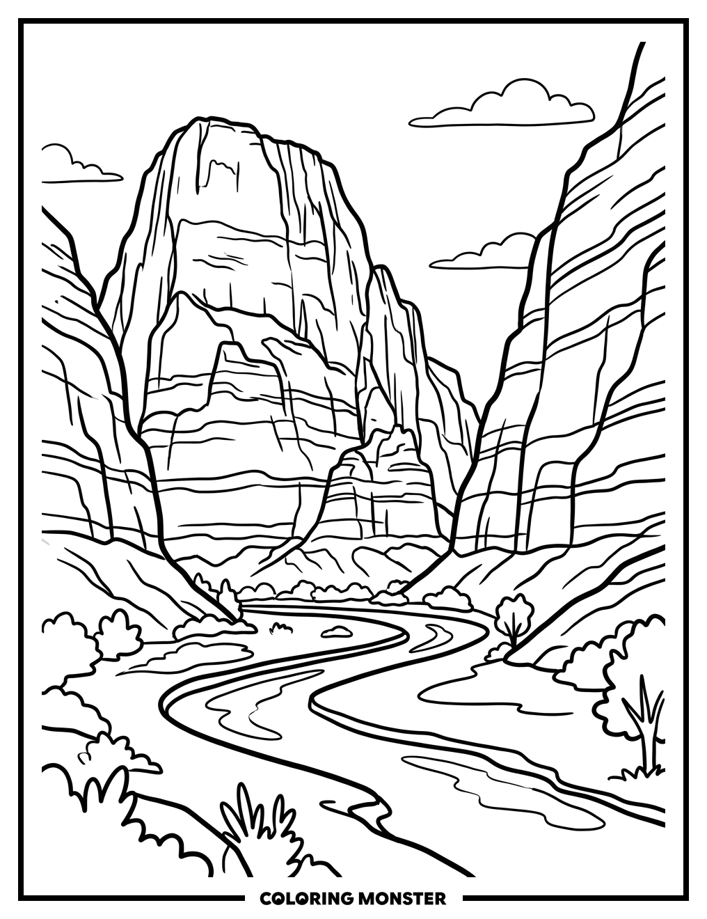 Zion Canyon With Layered Cliffs Coloring Page