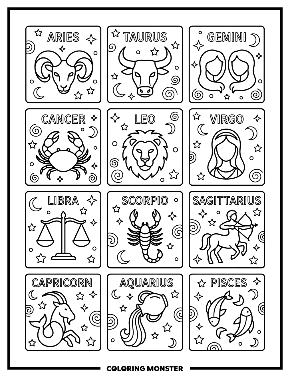 Zodiac Calendar Page Coloring Page