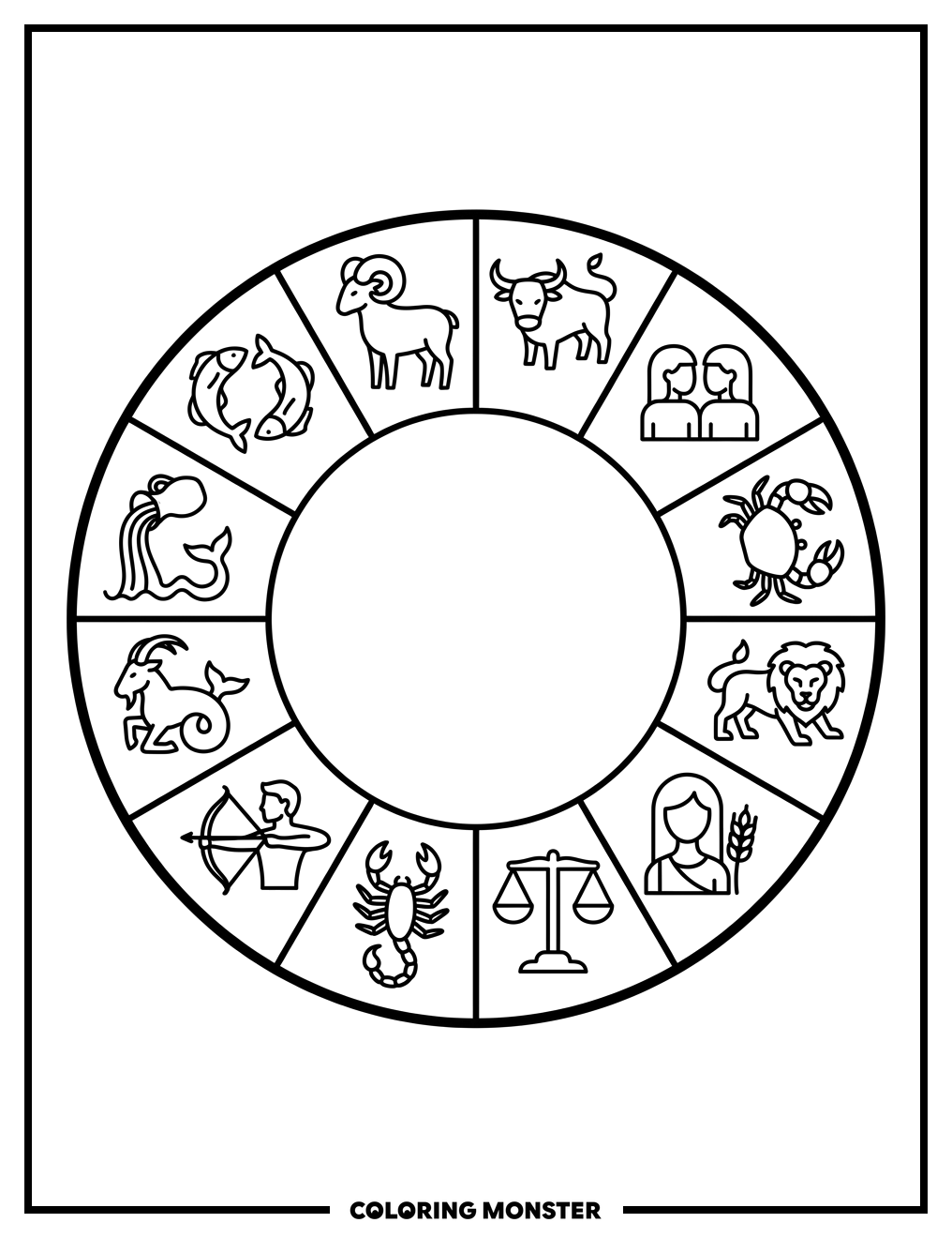 Zodiac Wheel with Animals Coloring Page