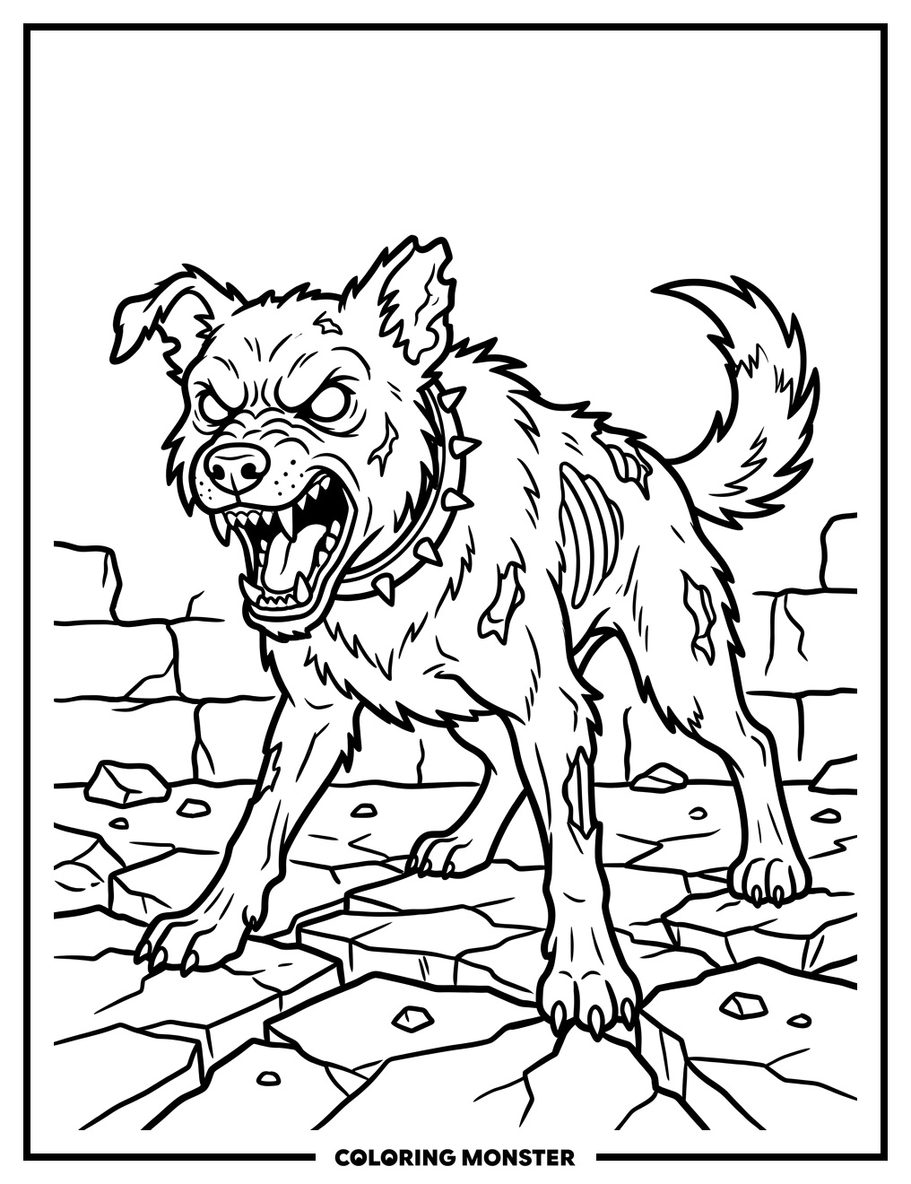 Zombie Dog on Cracked Pavement Coloring Page