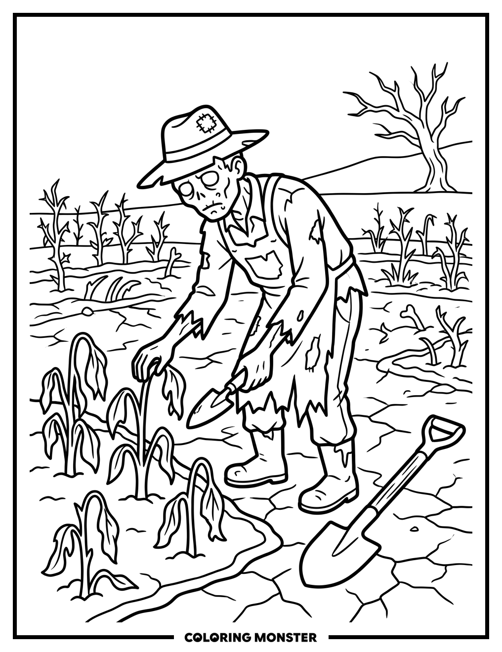 Zombie Gardener Tending Wilting Plants Coloring Page