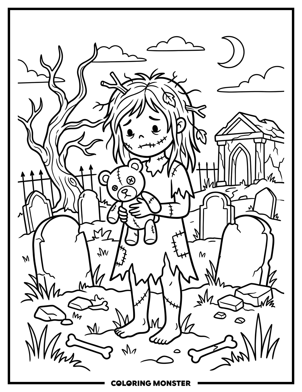 Zombie Girl With Teddy Bear Coloring Page