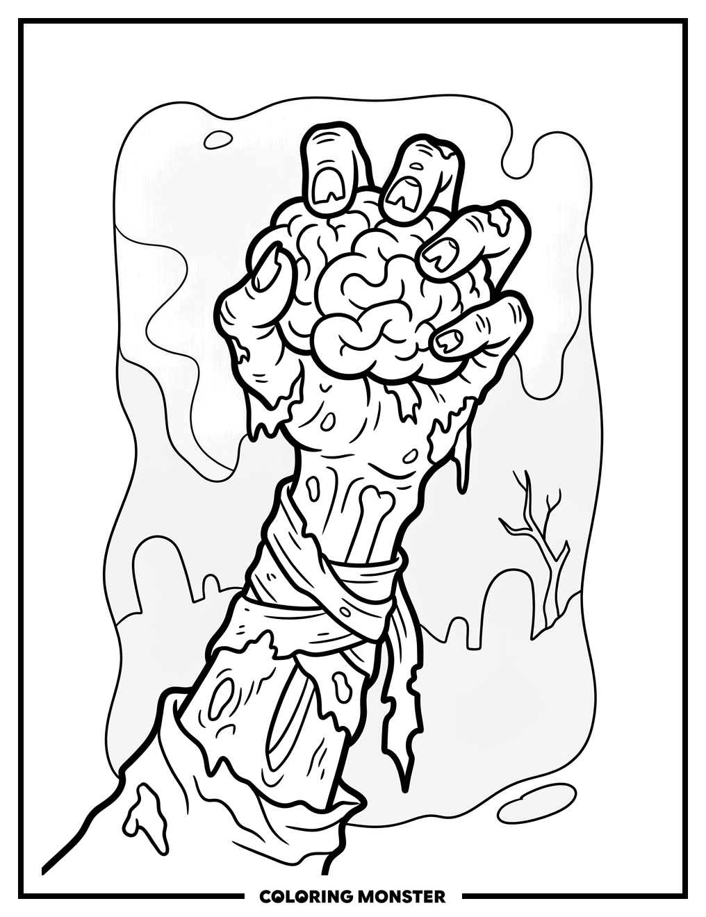 Zombie Hand Holding Brain Coloring Page