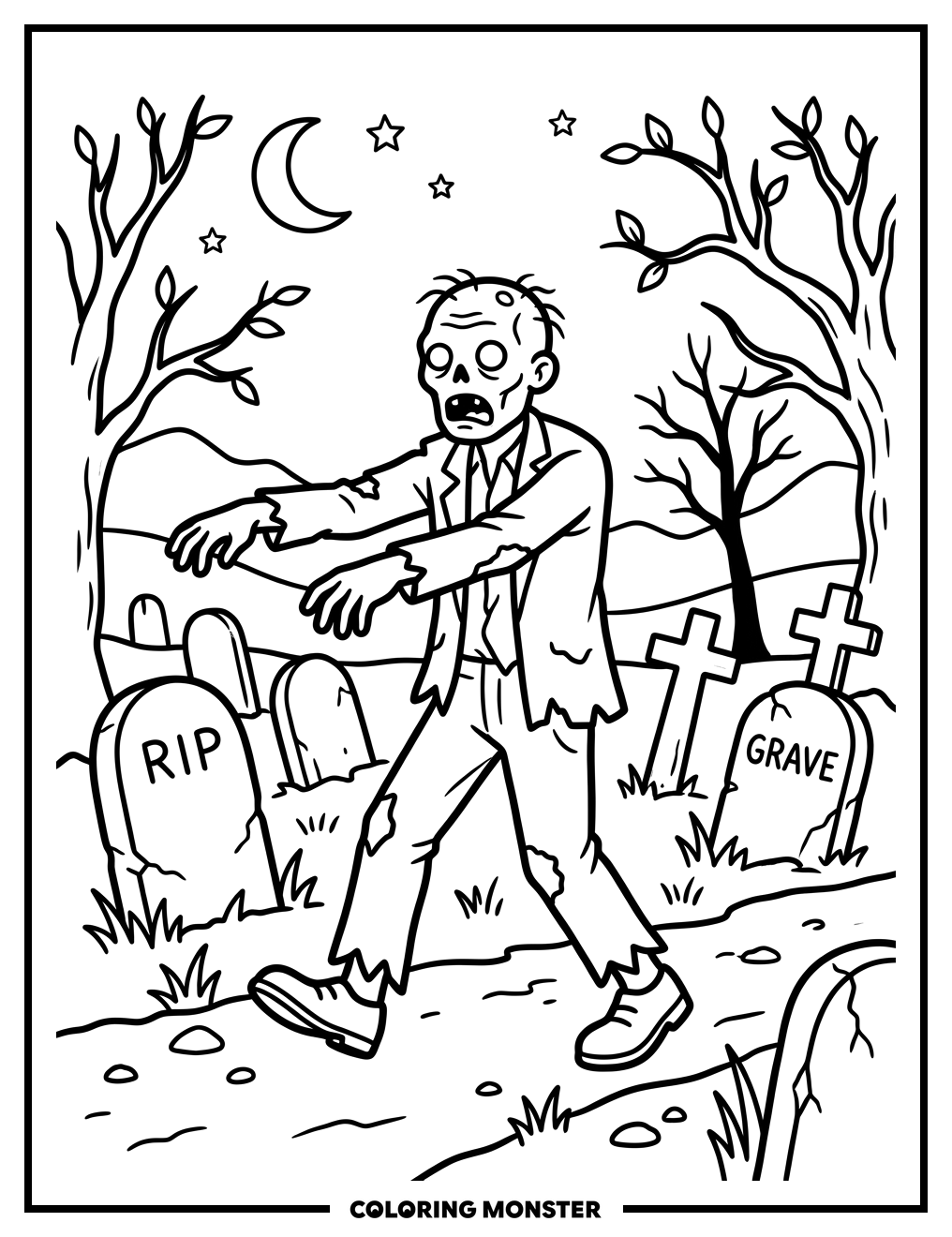 Zombie in Spooky Graveyard Coloring Page