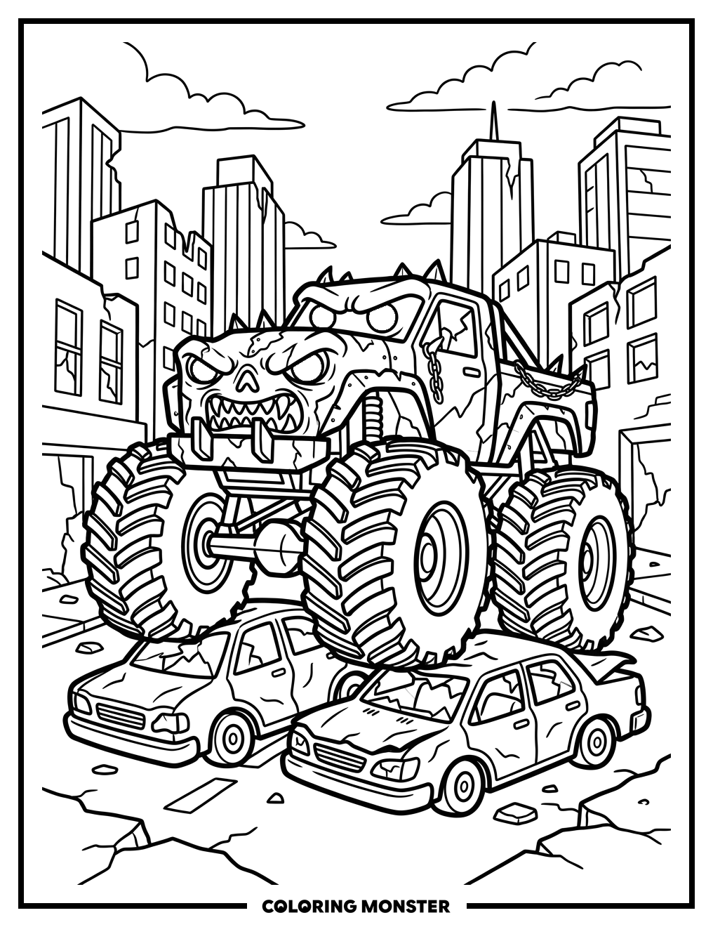 Zombie Monster Truck Demolishing Cars Coloring Page
