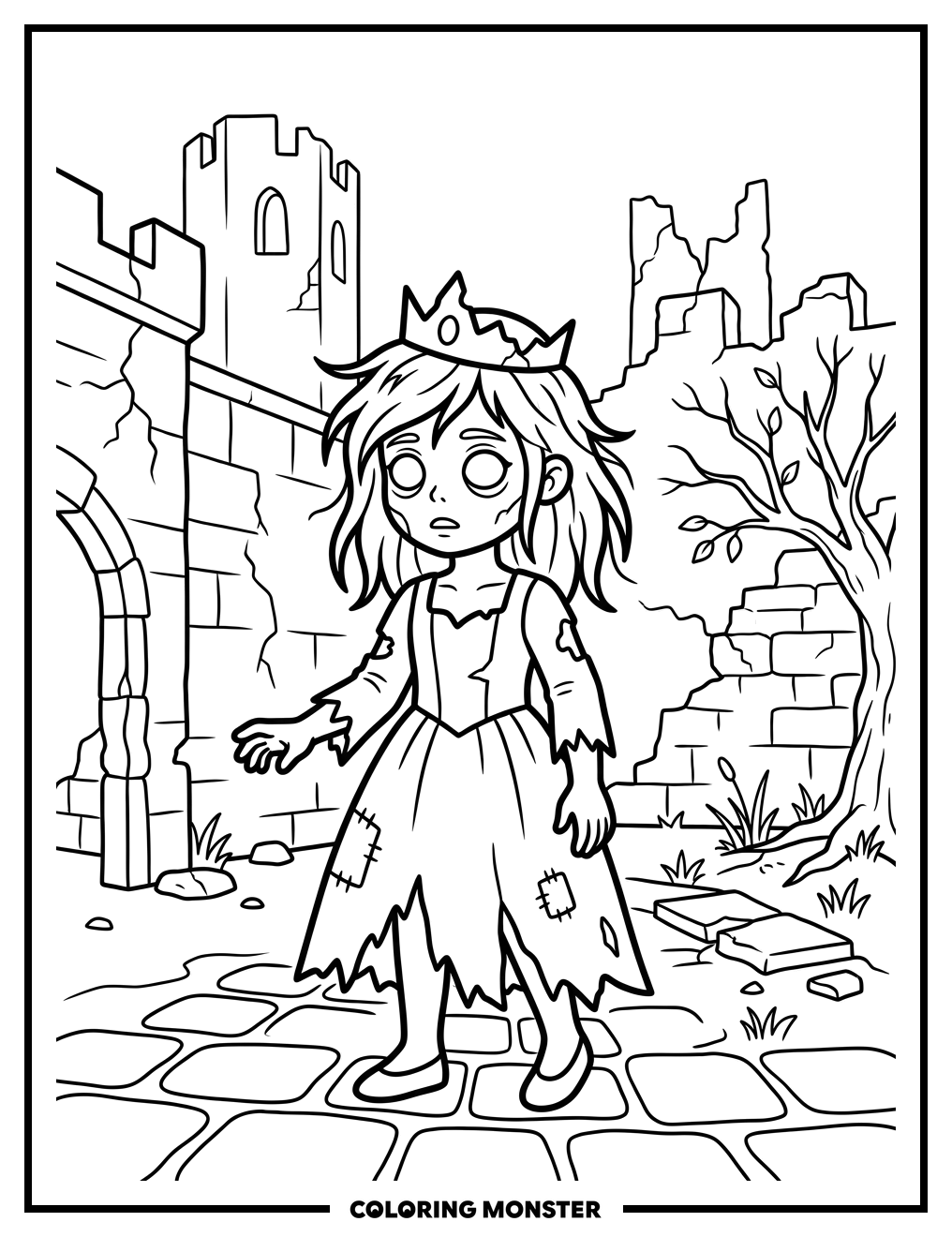 Zombie Princess in Castle Courtyard Coloring Page