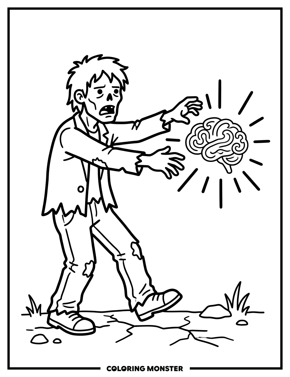 Zombie Reaching for a Brain Coloring Page