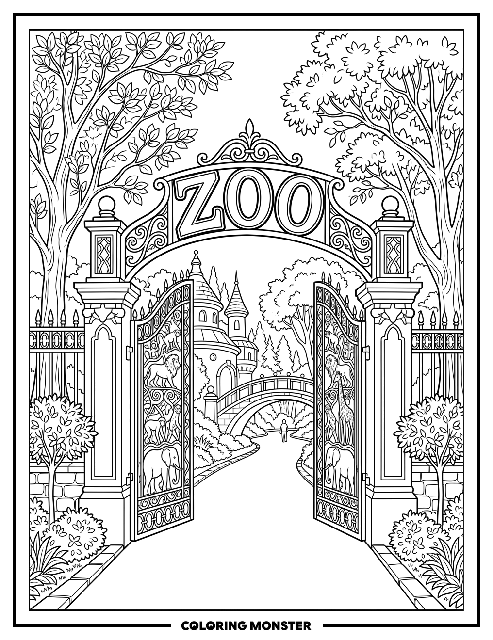 Zoo Entrance Gate with Sign Coloring Page
