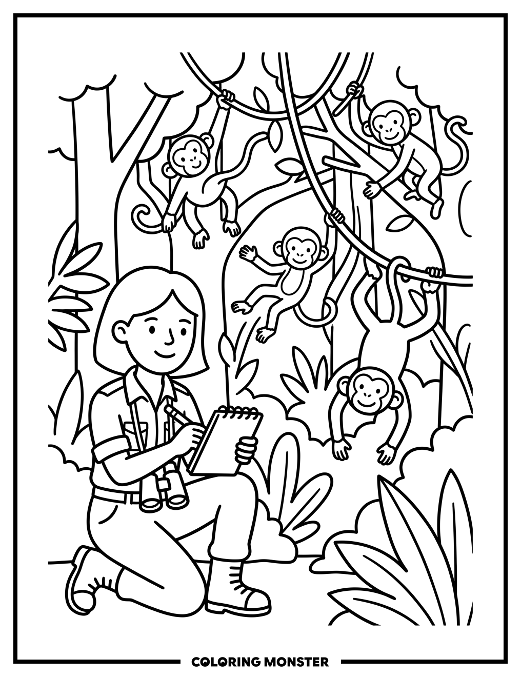 Zoologist Observes Playful Monkeys Coloring Page