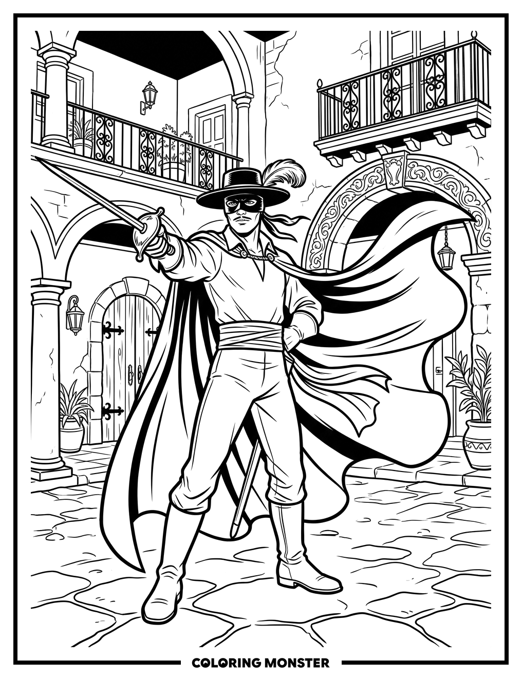Zorro In Courtyard With Sword Coloring Page