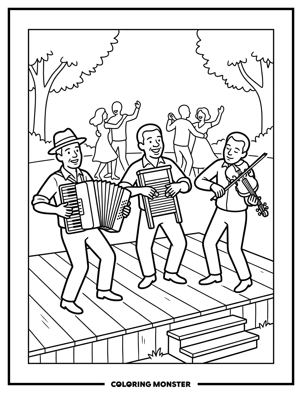 Zydeco Band Plays Music Outdoors Coloring Page